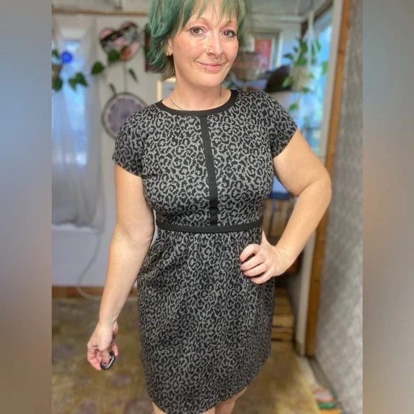 Loft Black & Gray Leopard Print Fit & Flare Dress Size 0 XSmall - Picture 17 of 17